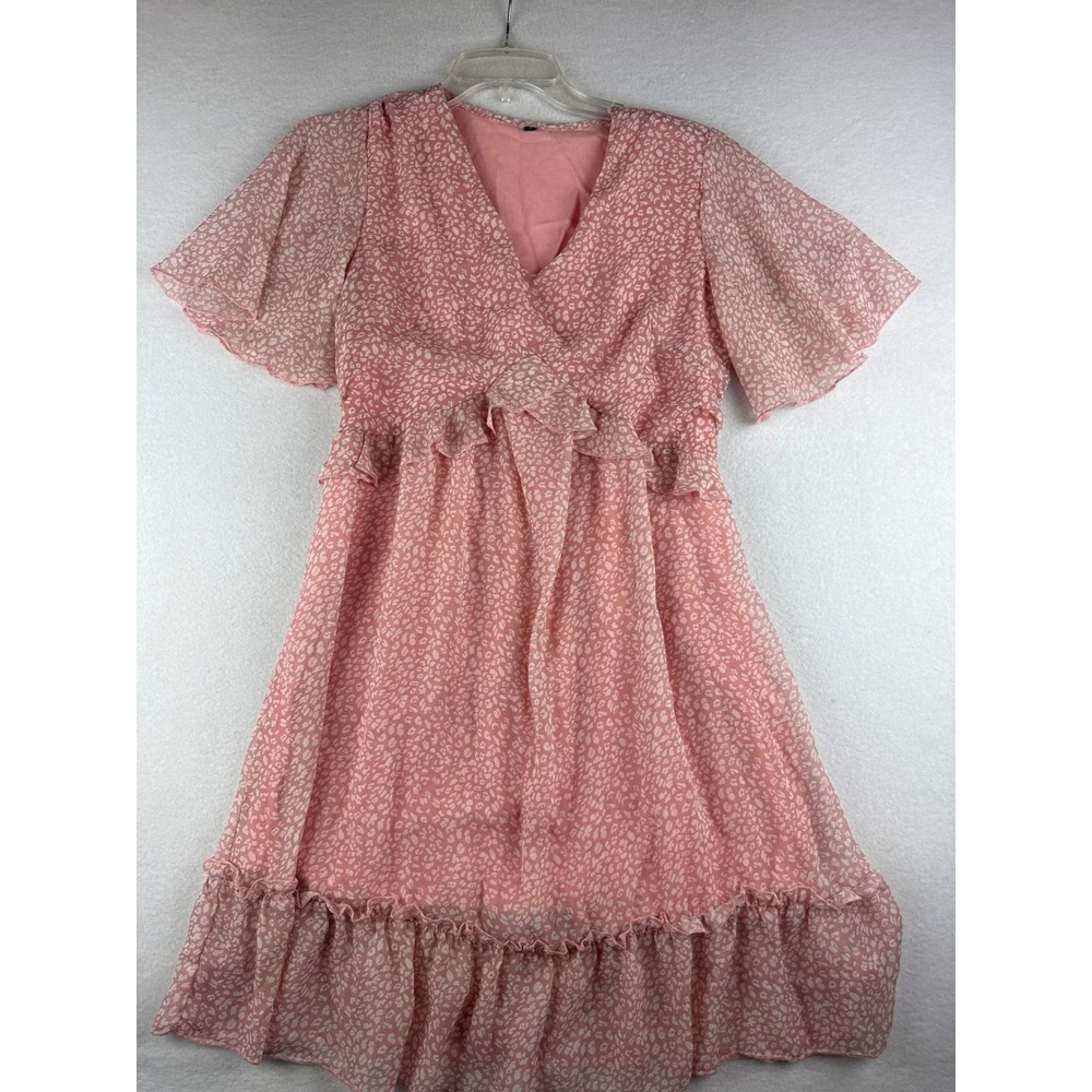 Pink Animal Print Ruffle Mini Dress V-Neck Flutter Sleeve Chiffon Size S